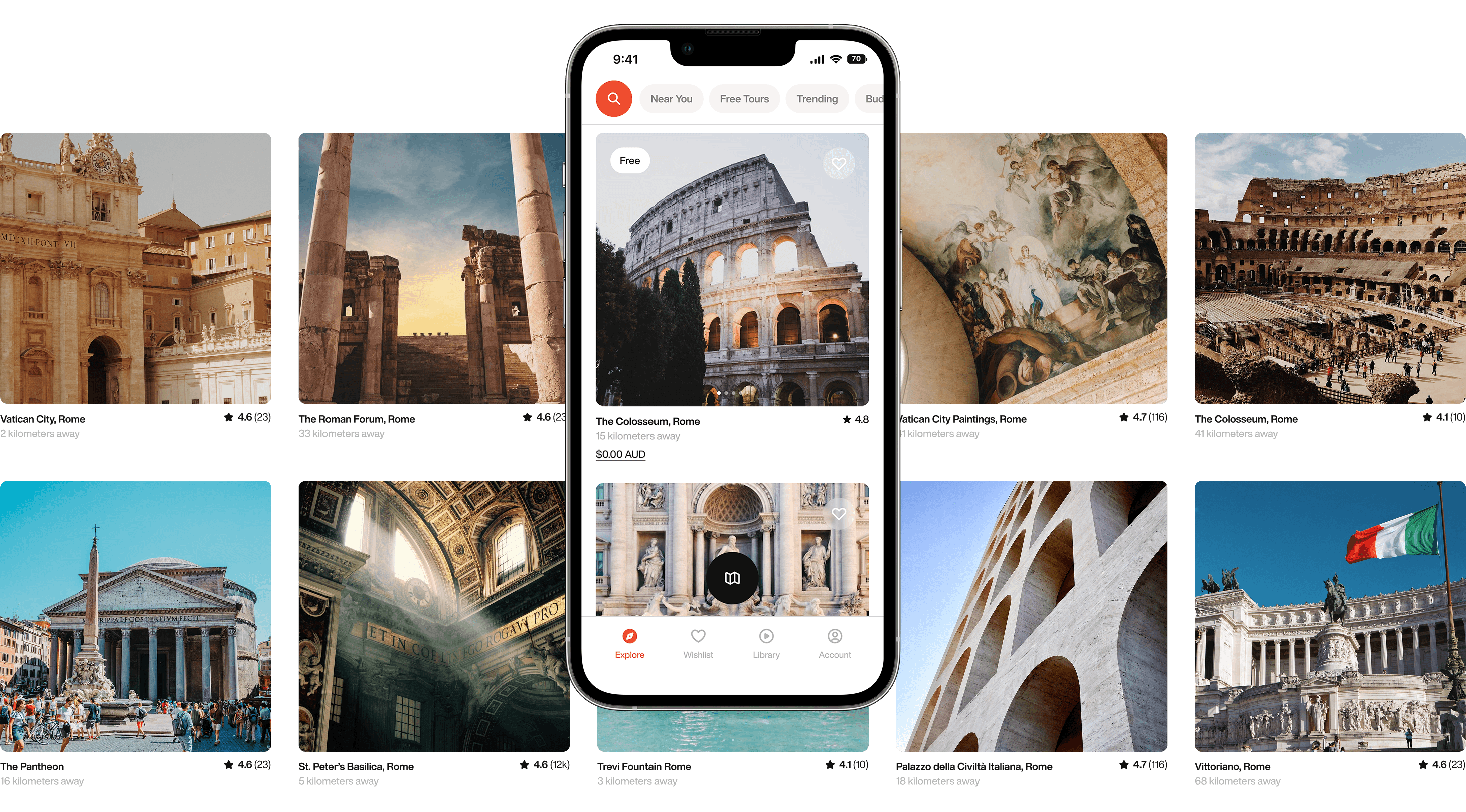 Trevlo app showing audio tour guides across Rome